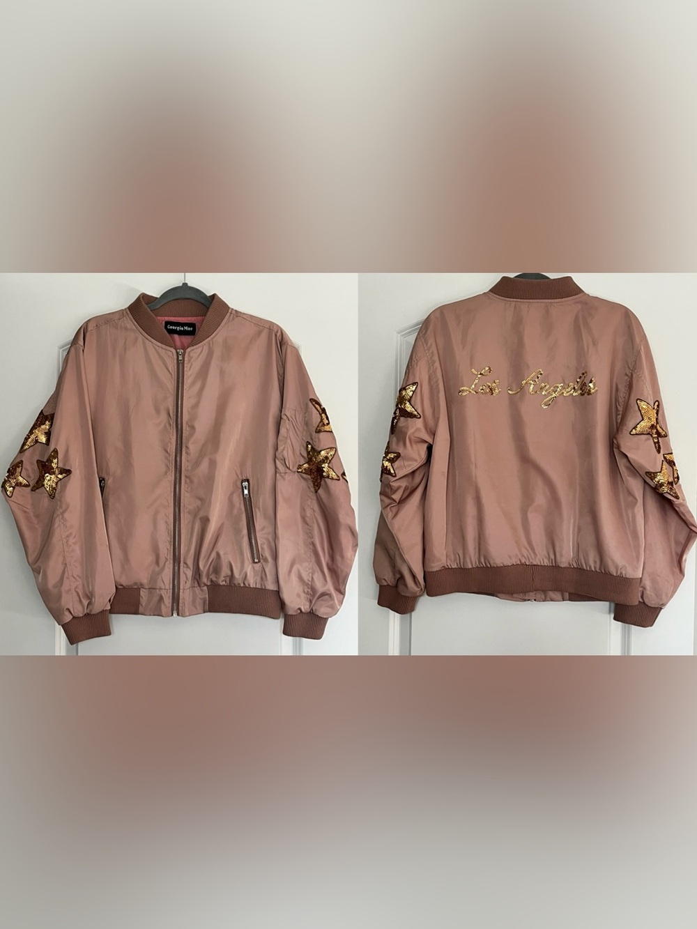 Satin Bomber Jacket Sequin Stars Los Angeles Pink Y2K Tech Pocket Oversized S